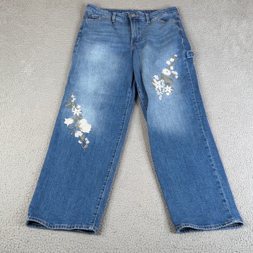 Old Navy Jeans Womens 10 Blue O.G. Loose High-Rise Floral Embroidered Carpenter